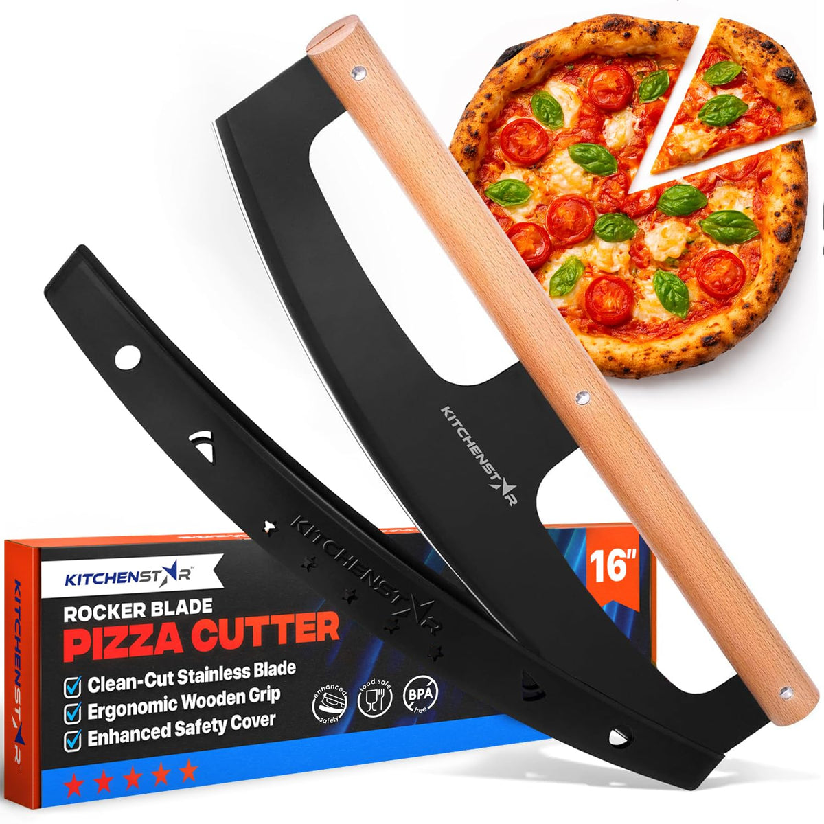 KitchenStar pizza cutter rocker blade slices crusts with razor precision.