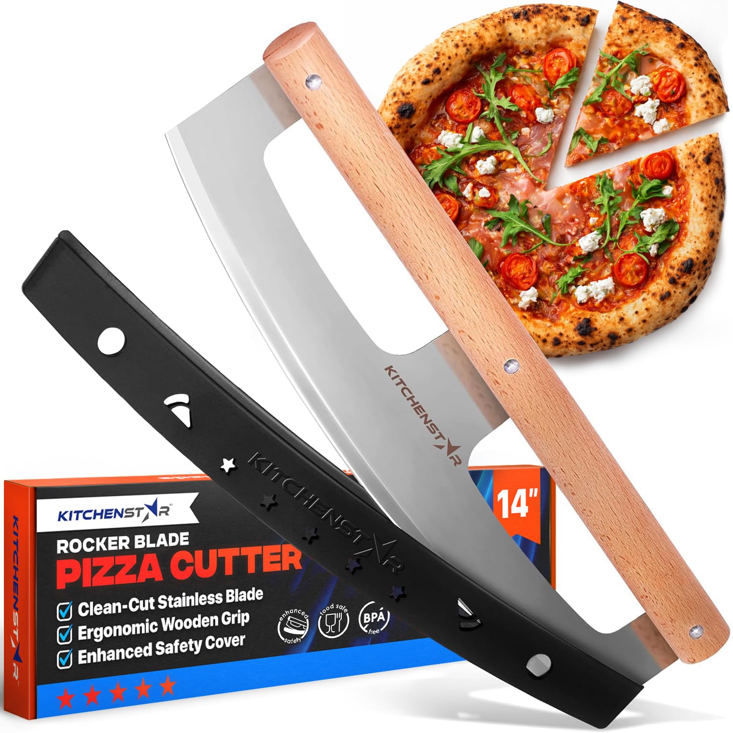 KitchenStar pizza cutter rocker blade glides through crust for clean slices