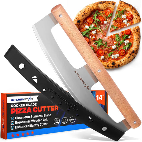 KitchenStar pizza cutter rocker blade glides through crust for clean slices