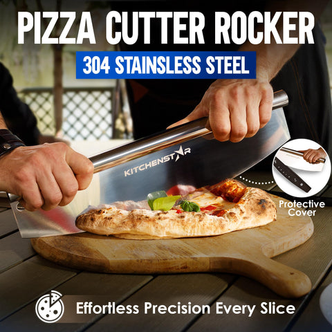 KitchenStar pizza cutter rocker glides through slices with clean cuts.