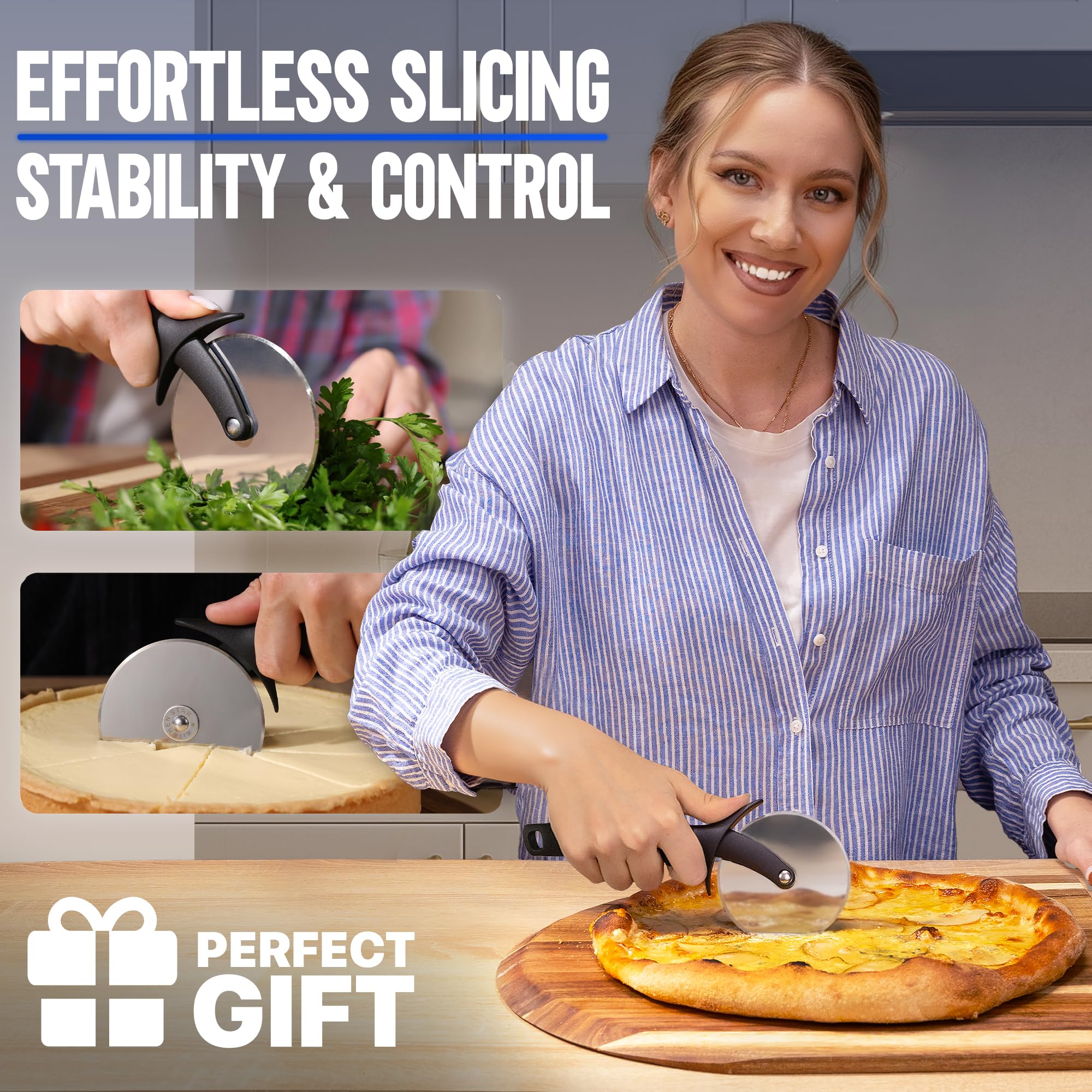 KitchenStar pizza cutter wheel anti-wobble ensures smooth cutting motion for consistent slices.