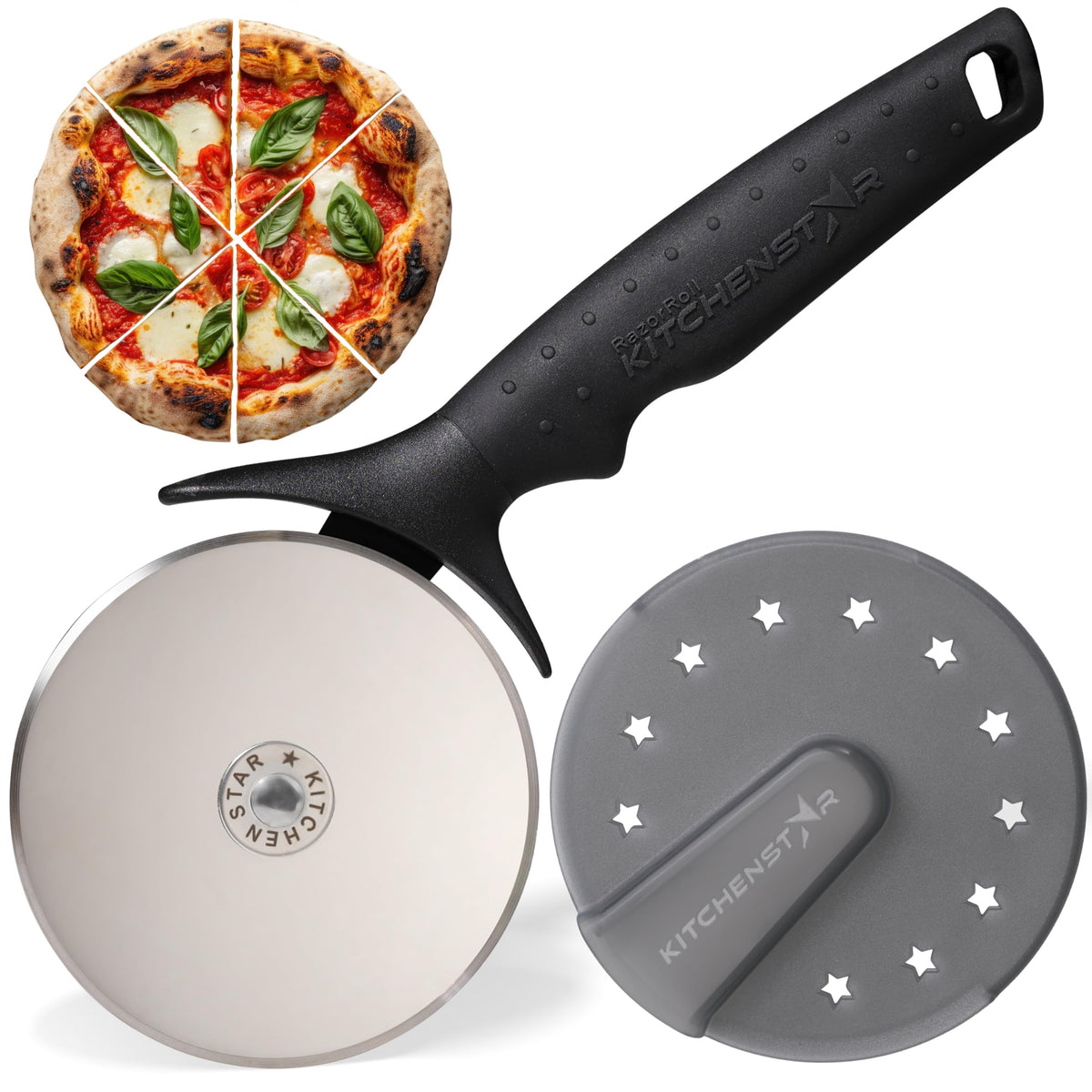 KitchenStar pizza cutter wheel blade delivering precise, clean slices every time.