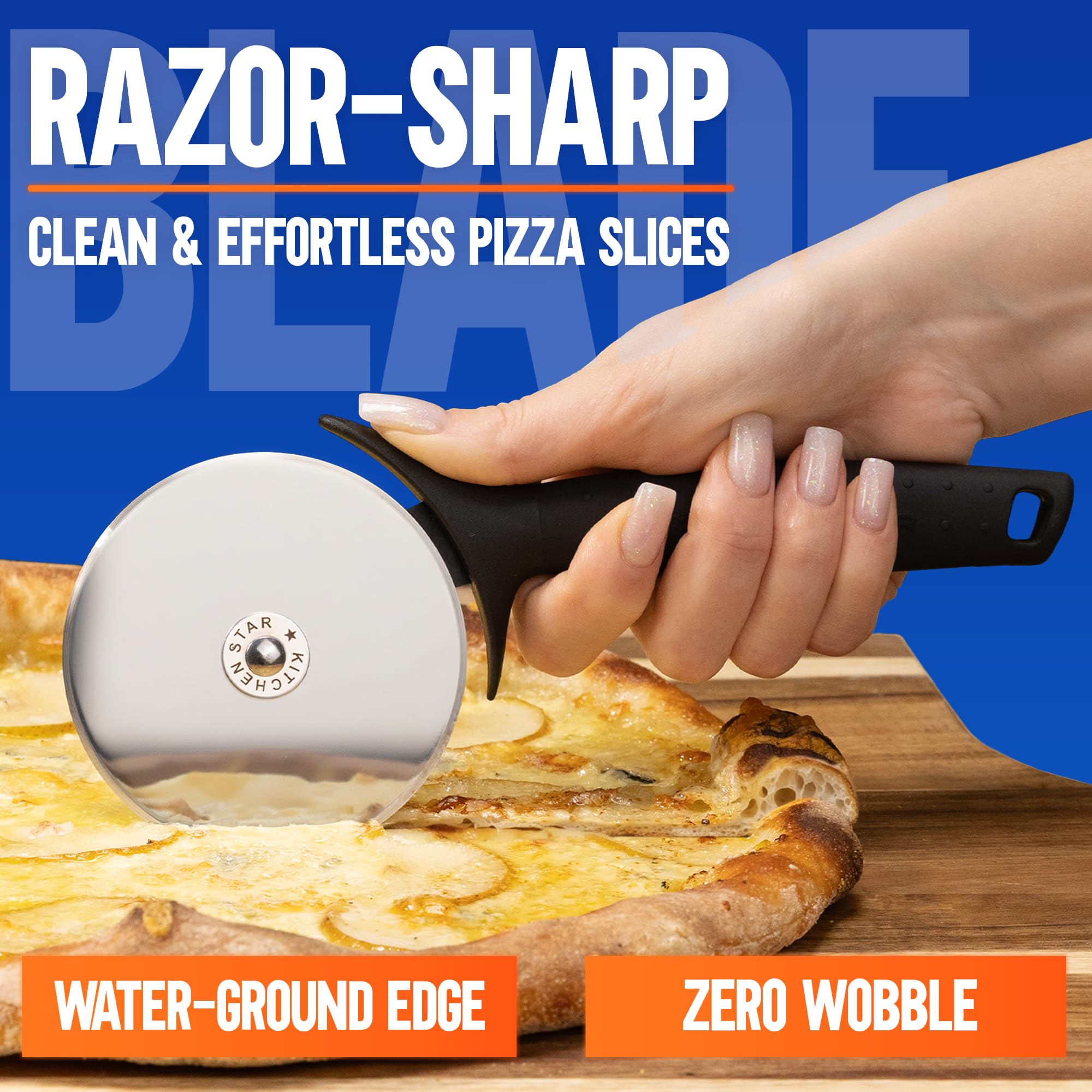 KitchenStar pizza cutter wheel ergonomic handle provides comfortable grip for extended use.