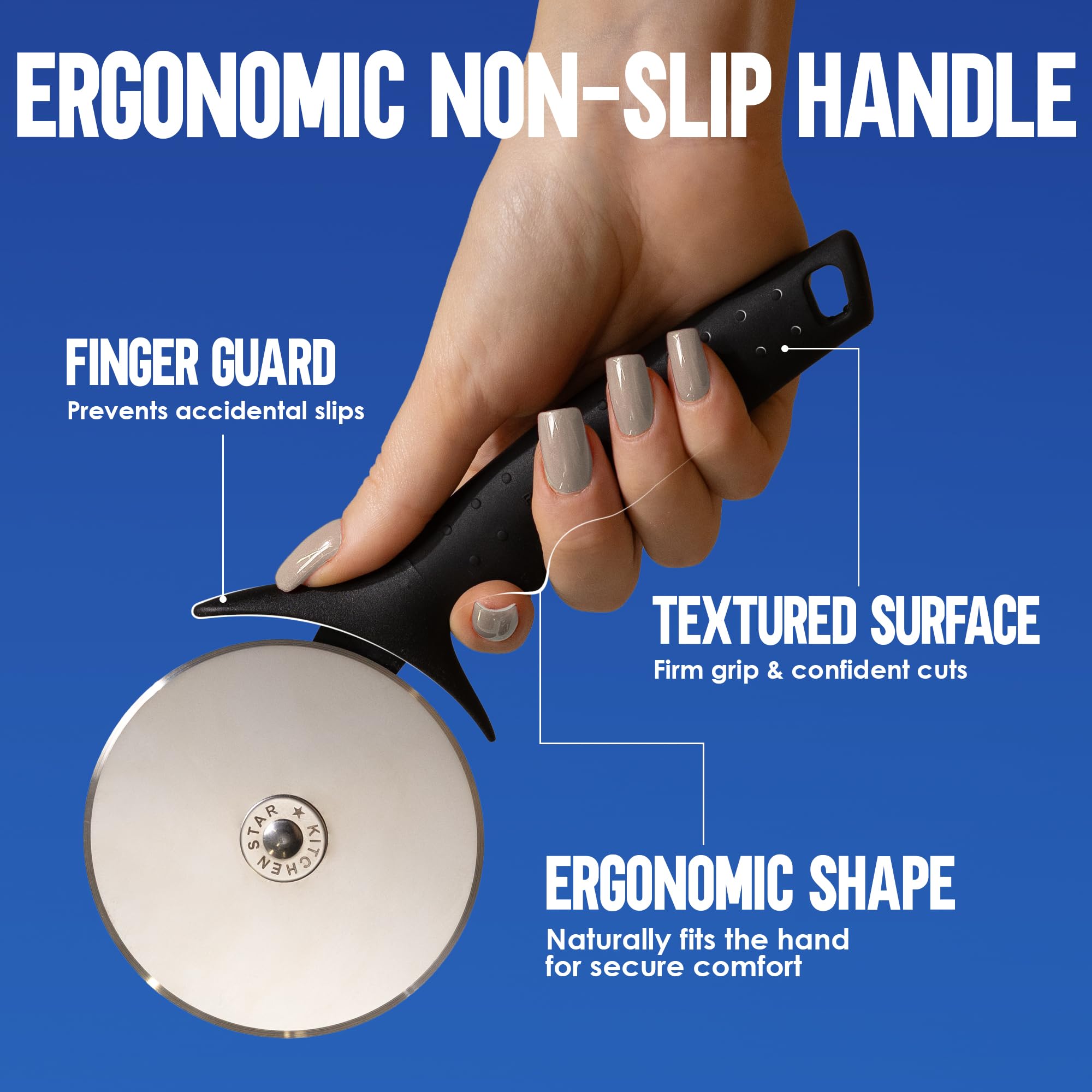 KitchenStar pizza cutter wheel safety cover protects hands and blade after use.