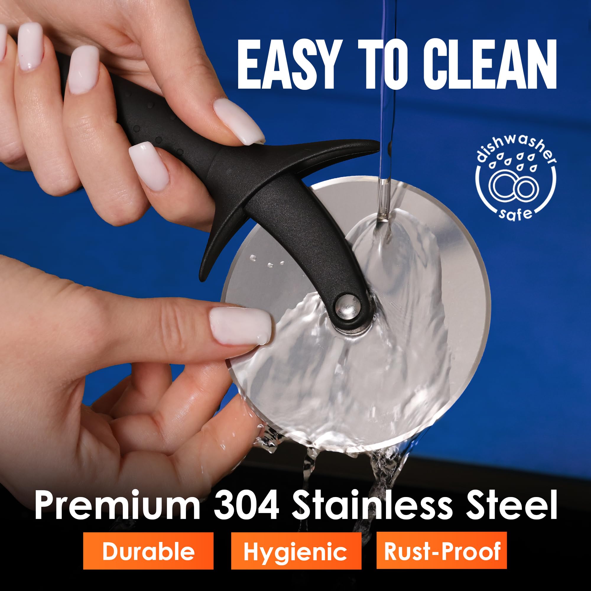 KitchenStar pizza cutter wheel stainless steel construction resists rust.