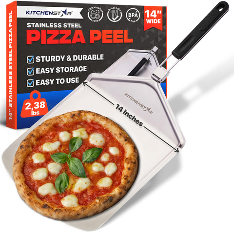 KitchenStar pizza peel with foldable handle for easy, mess-free pizza transfer
