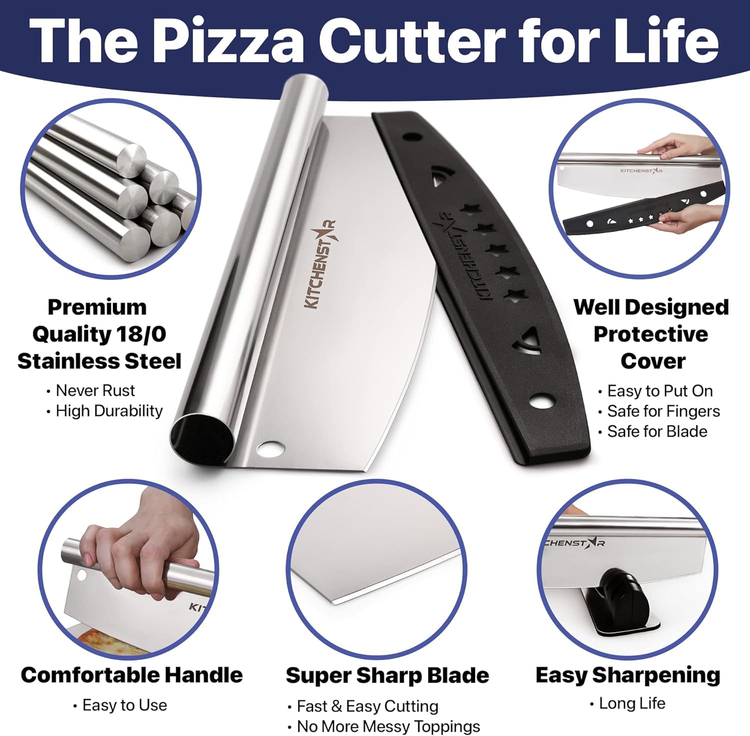 KitchenStar stainless steel pizza knife offers durable, rust-resistant performance.