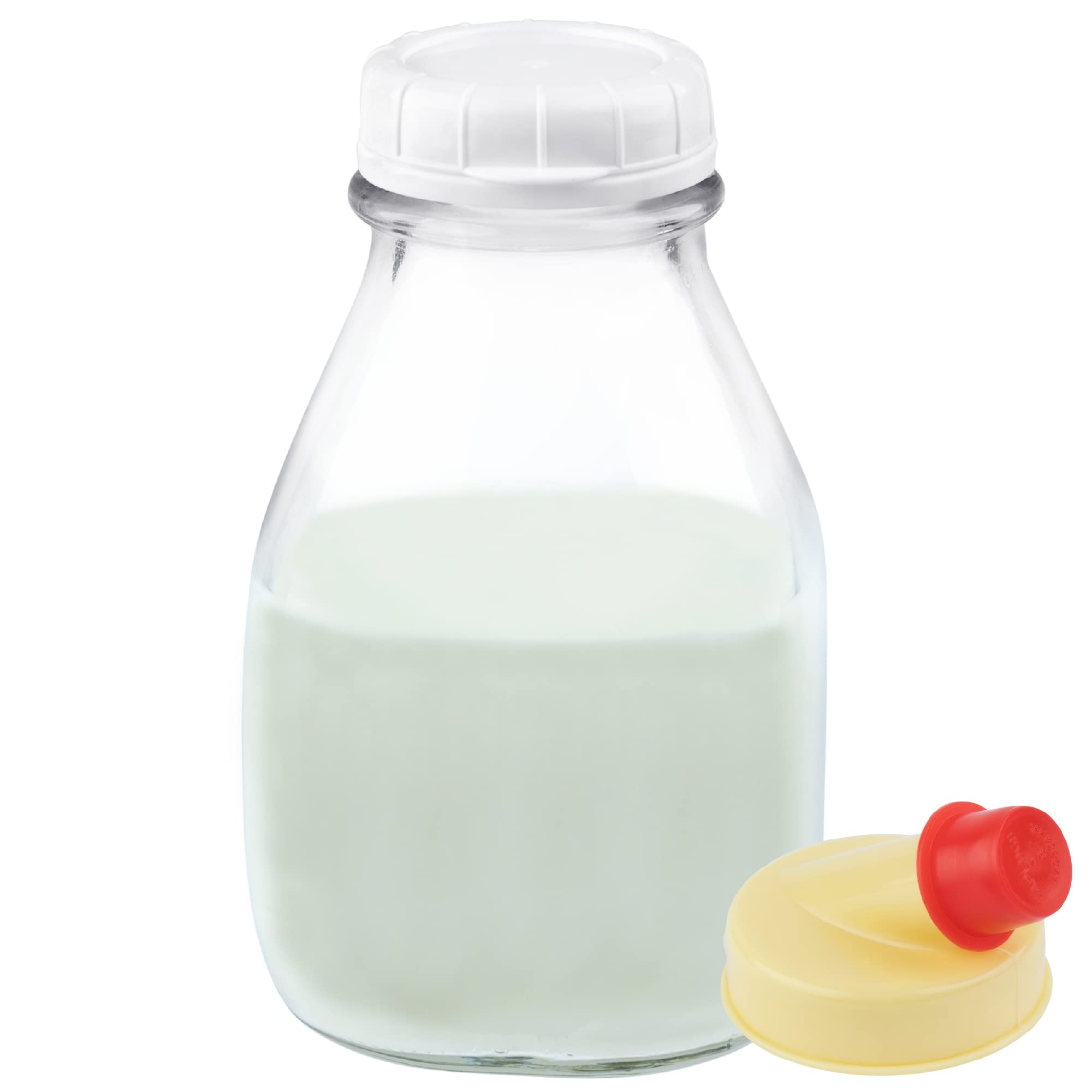 Kitchentoolz 16oz glass milk bottle with lid and pour spout for easy pouring