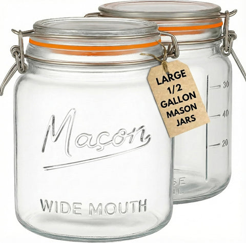Kitchentoolz 64oz wide-mouth jar with lid locked for secure pantry storage.