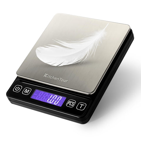 KitchenTour scale with back-lit display reading measurements clearly.