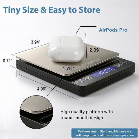 KitchenTour scale showing 0.01g precision for tiny items.