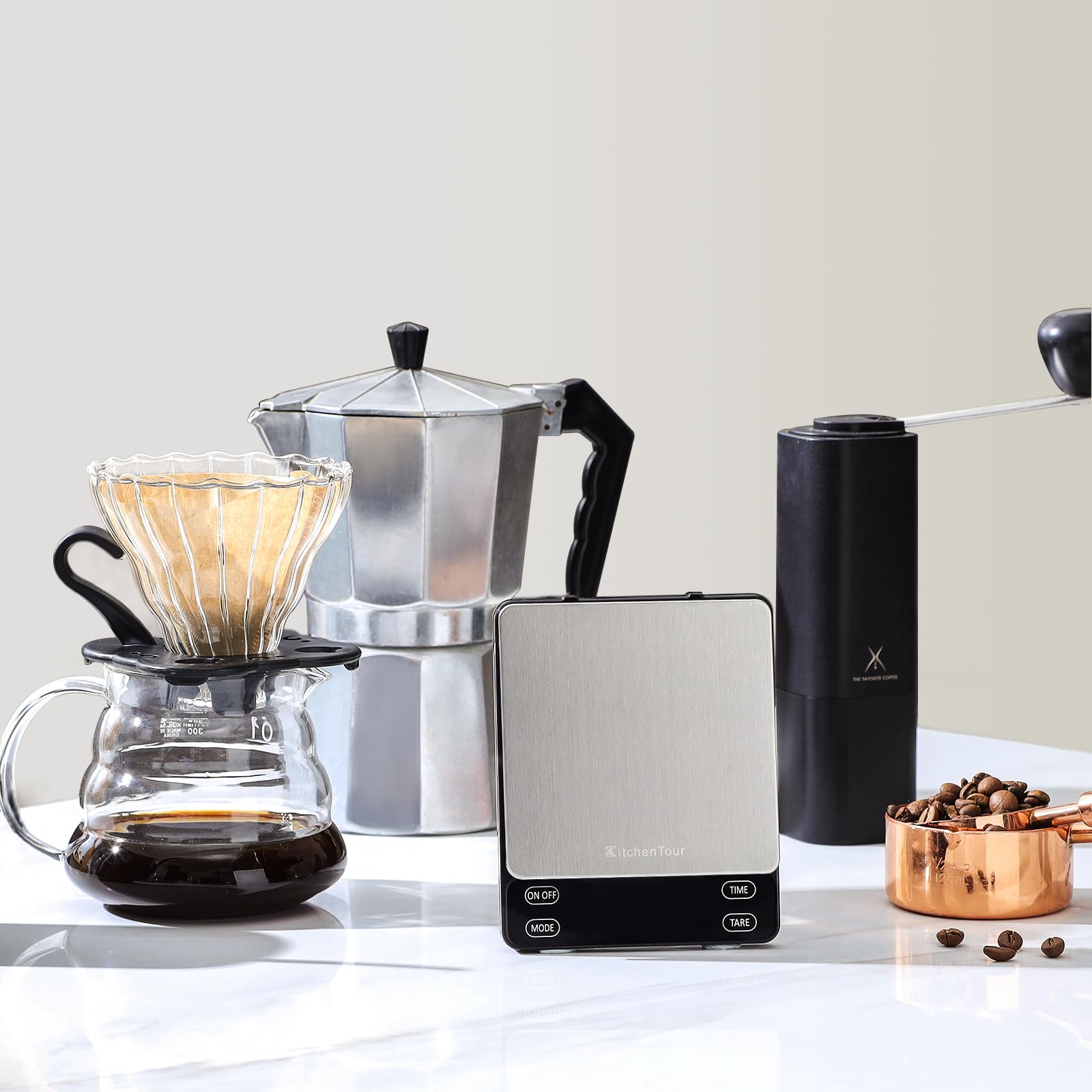 KitchenTour Nano 3-mode scale supports manual, espresso, and pour-over brewing.