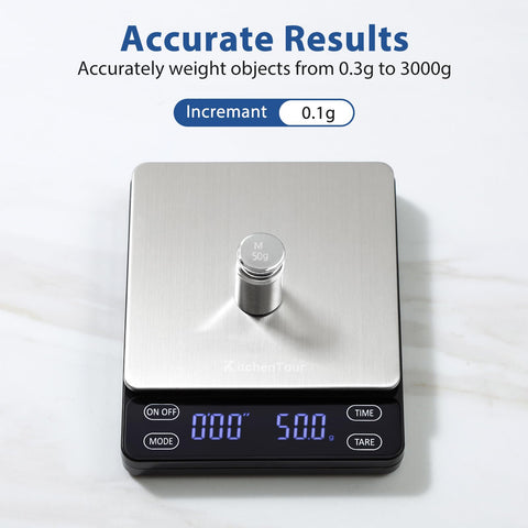 KitchenTour Nano coffee scale in espresso mode for timed shot precision.
