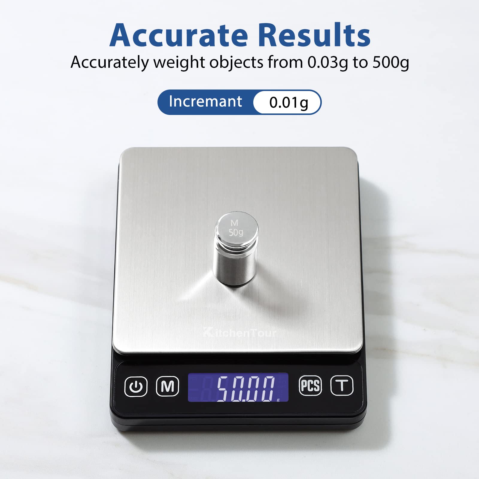 KitchenTour scale displaying its 500g capacity for versatile weighing.