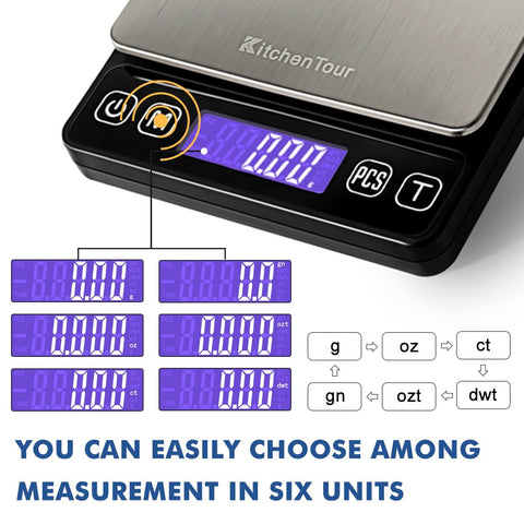 KitchenTour scale demonstrating tare function for net weight measurements.