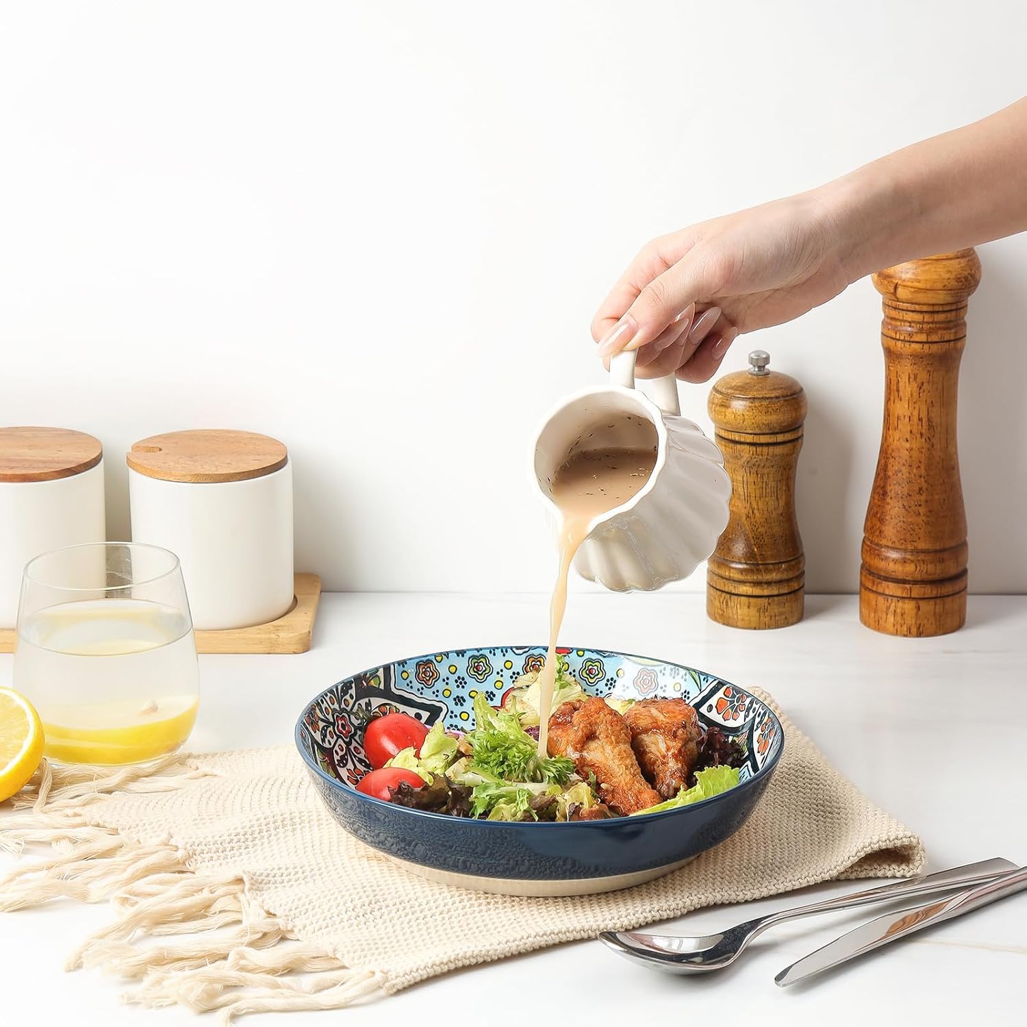 KitchenTour 30 oz wide bowls for generous pasta, salads, or soups.