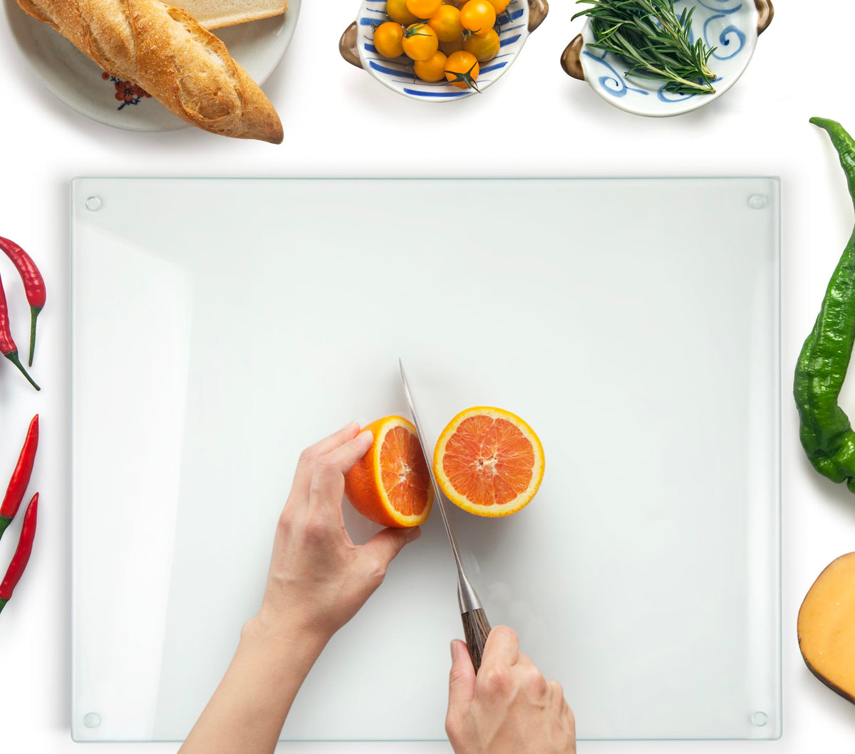 Kitchenville glass cutting board 16x12 on counter showcasing durable tempered glass for daily prep.