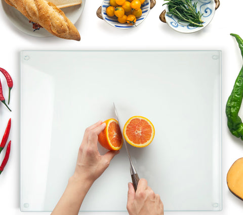 Kitchenville glass cutting board 16x12 on counter showcasing durable tempered glass for daily prep.