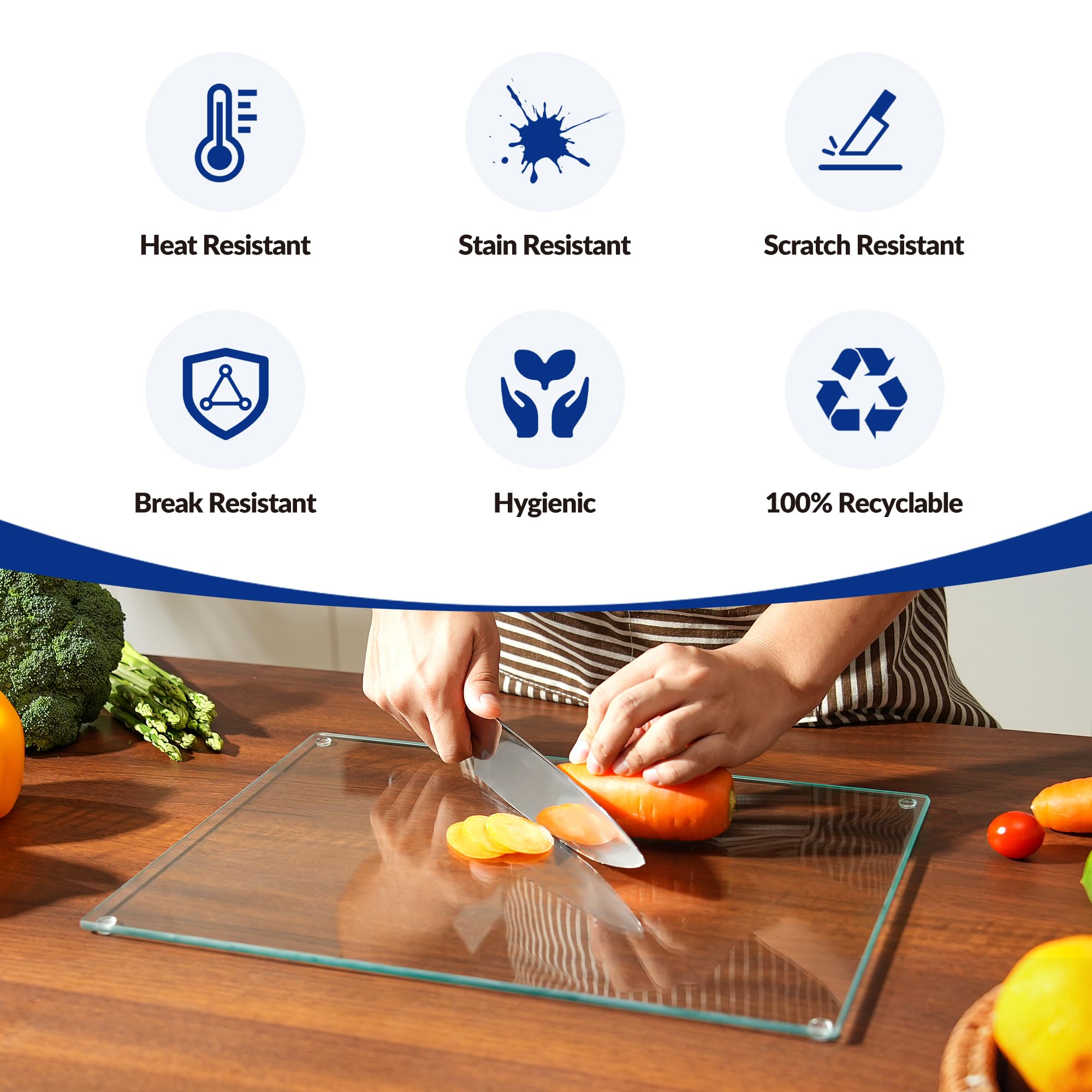 Kitchenville glass cutting board 16x12 shows heat-resistant surface safe for hot pots.