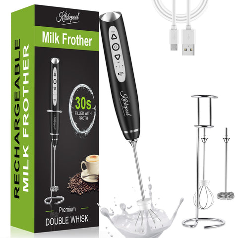 Kitchepool rechargeable milk frother wand with stand for smooth latte foam
