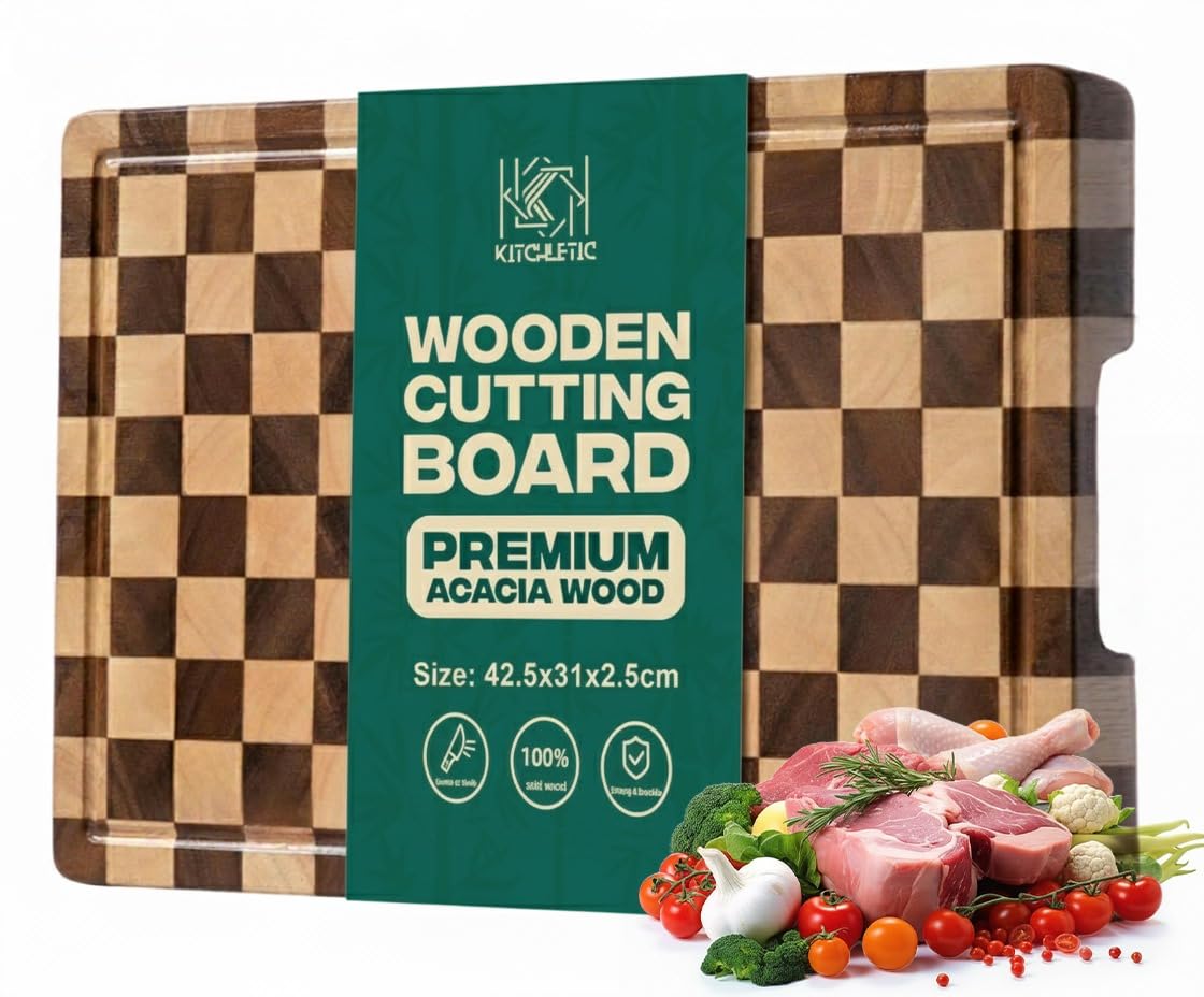 Kitchletic Checkered Cutting Board in acacia wood for durable daily prep surface.