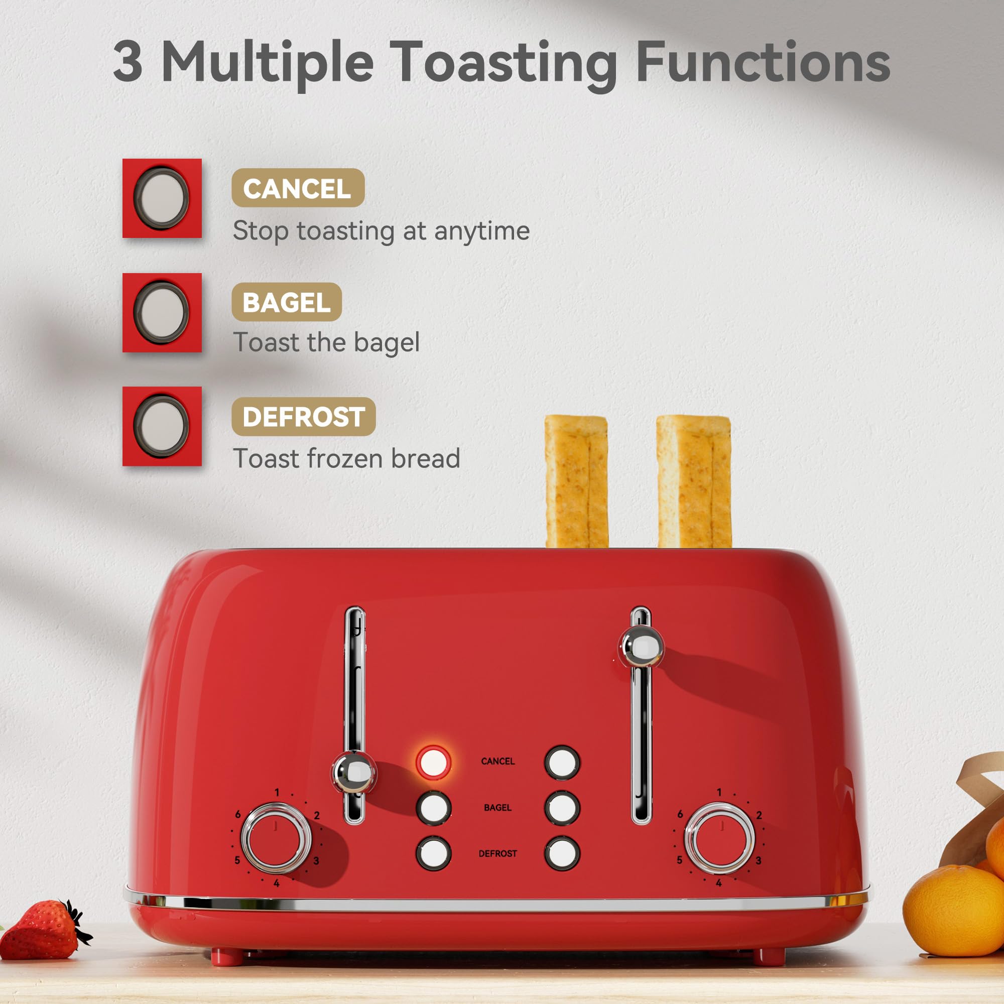 KITCHMIX Toaster with 1-5 inch wide slots to fit waffles and bagels.