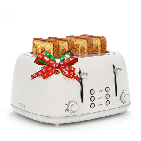 KITCHMIX four-slice toaster in retro white, front view, ideal for quick breakfasts.