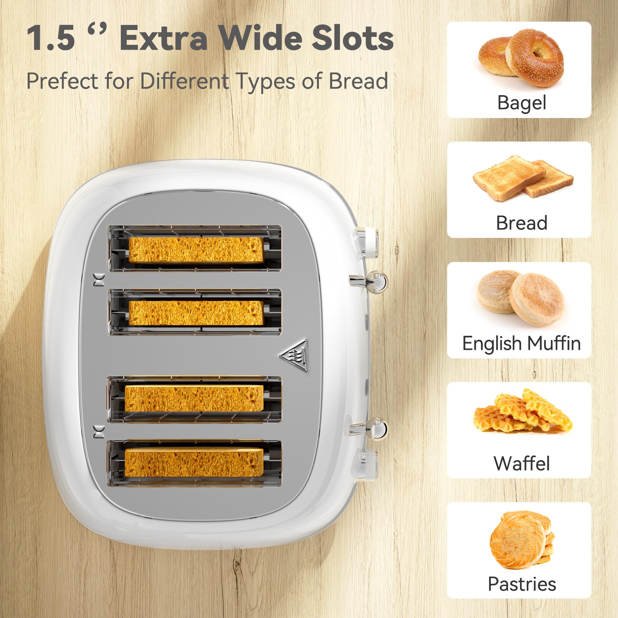KITCHMIX toaster with extra-wide slots, open to fit bagels and waffles.