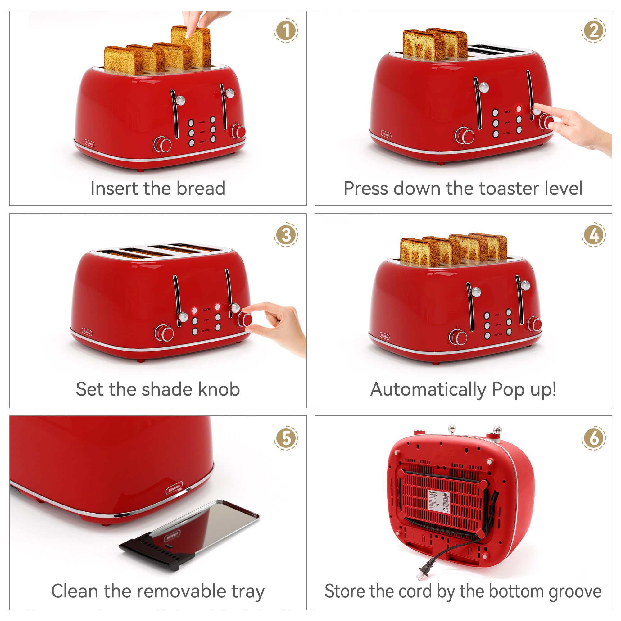 KITCHMIX Toaster removable crumb trays simplify cleaning after busy mornings.