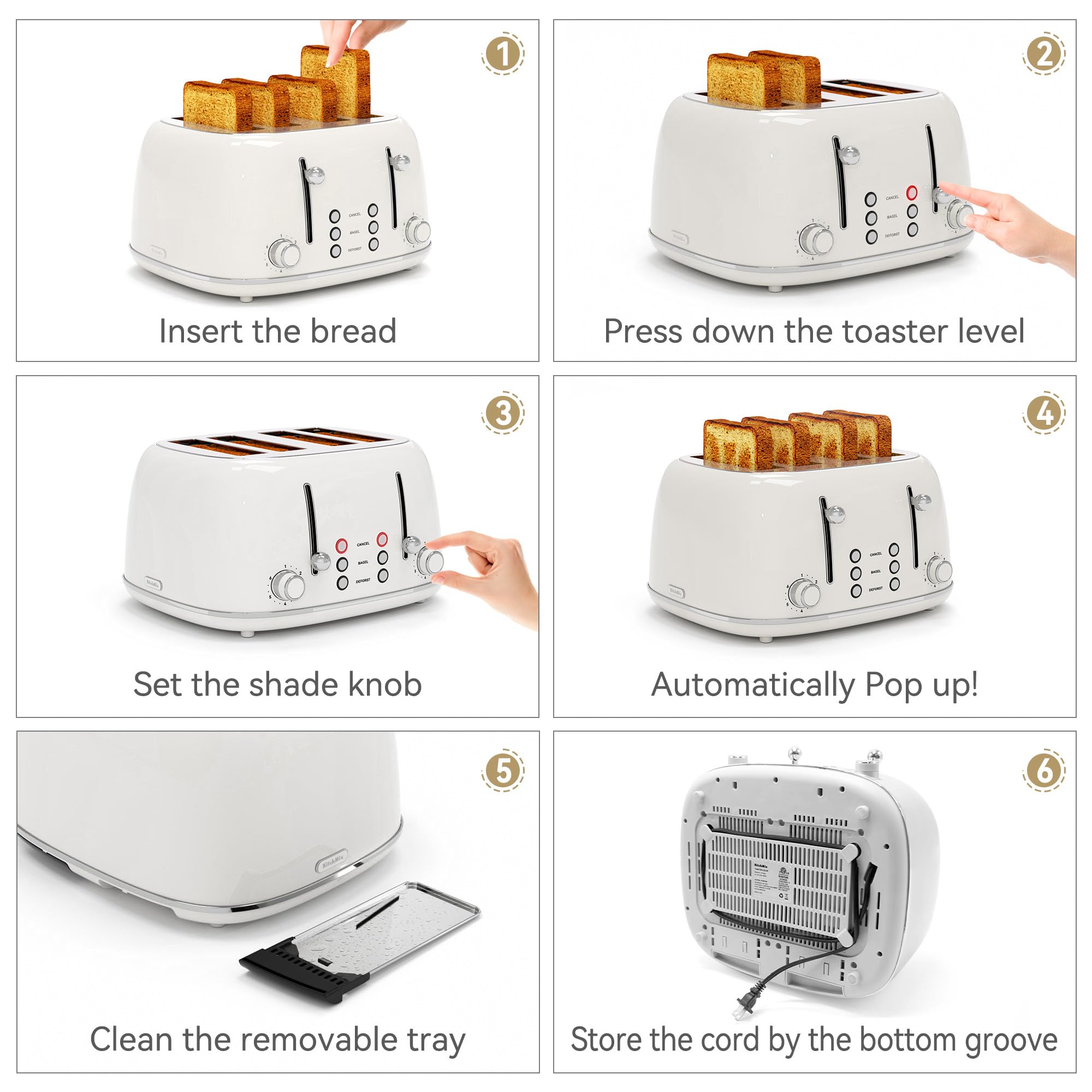 KITCHMIX removable crumb trays shown for easy cleanup after use.