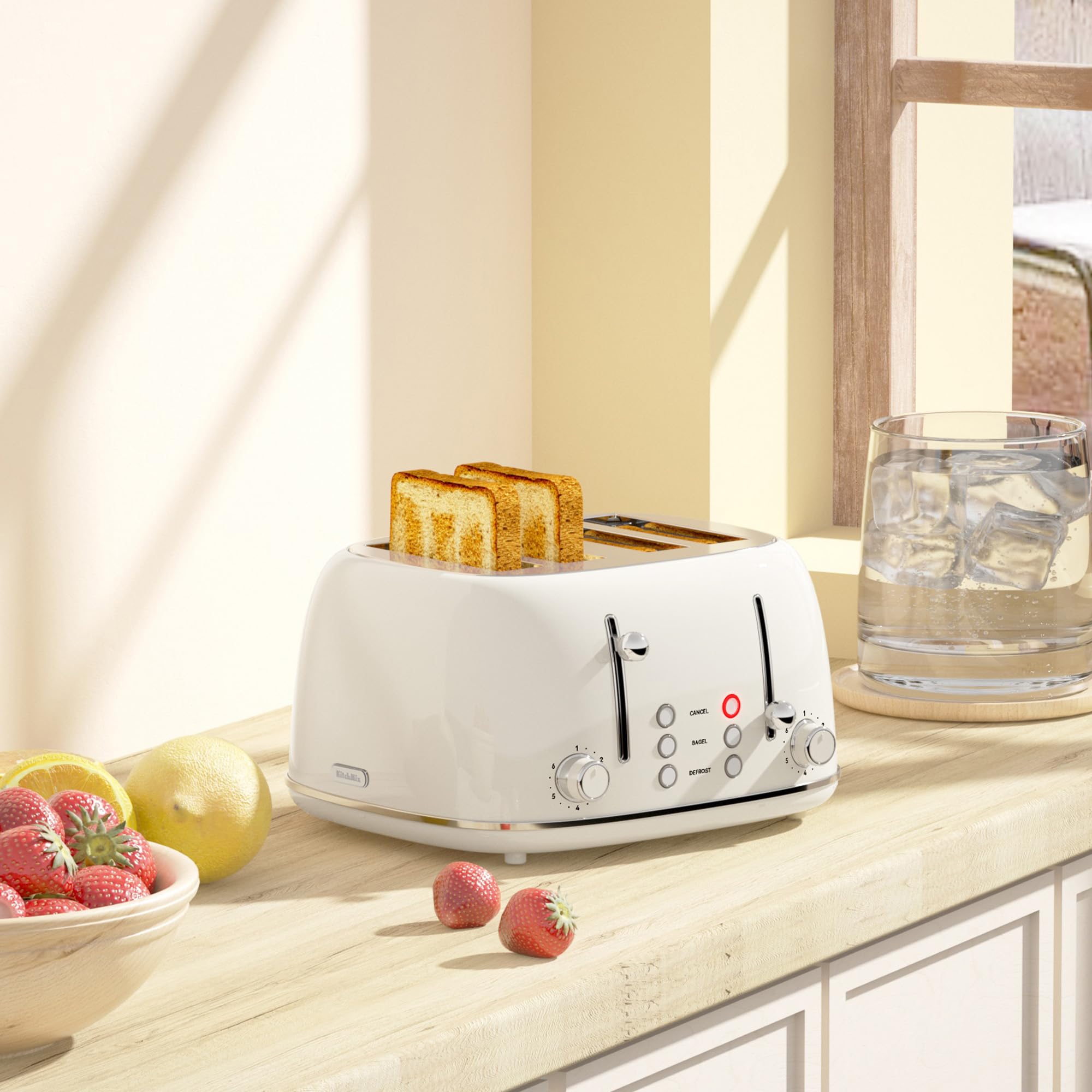 KITCHMIX retro-design toaster on a white counter for a classic look.