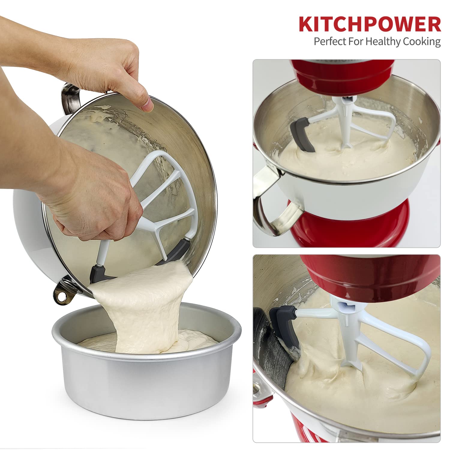 KITCHPOWER flex edge beater in-use shows hands-free scraping and faster mixing.