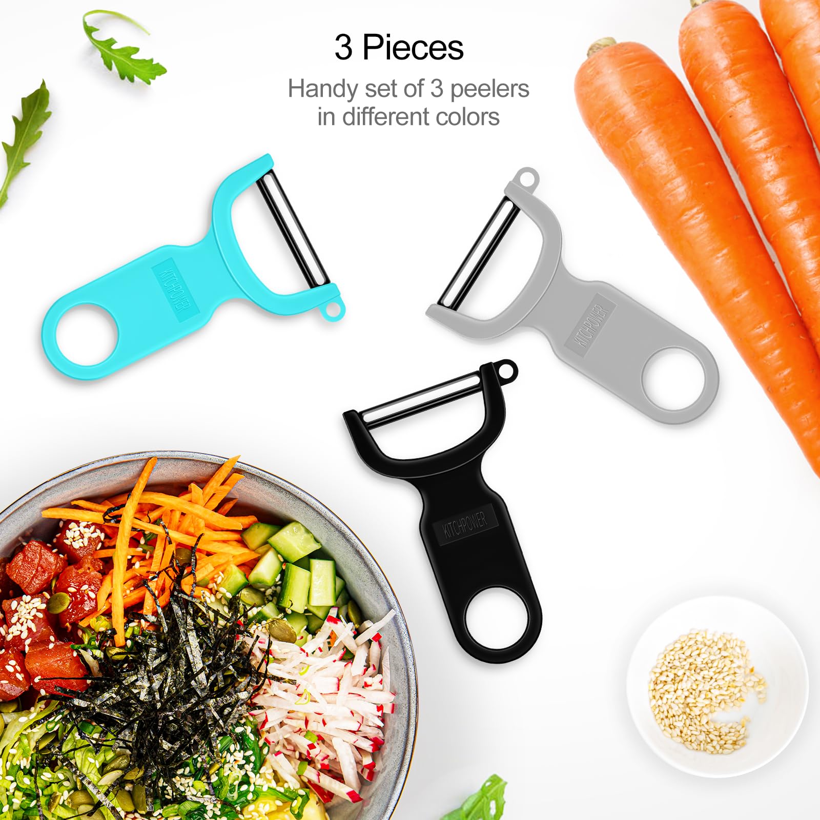 KITCHPOWER Original Vegetable Peeler blue 3-pack with ergonomic grip for comfortable use.