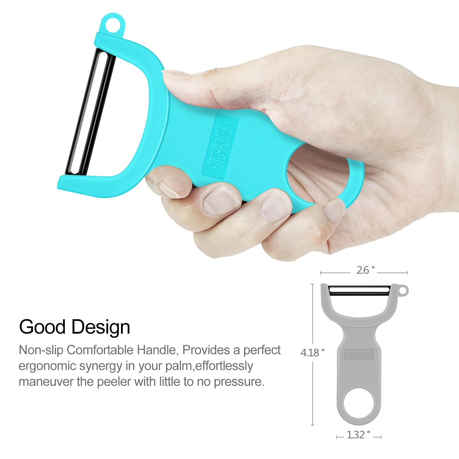 KITCHPOWER Original Vegetable Peeler blade close-up shows sharp durable carbon steel blade.