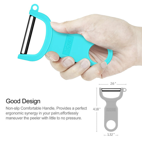 KITCHPOWER Original Vegetable Peeler blade close-up shows sharp durable carbon steel blade.