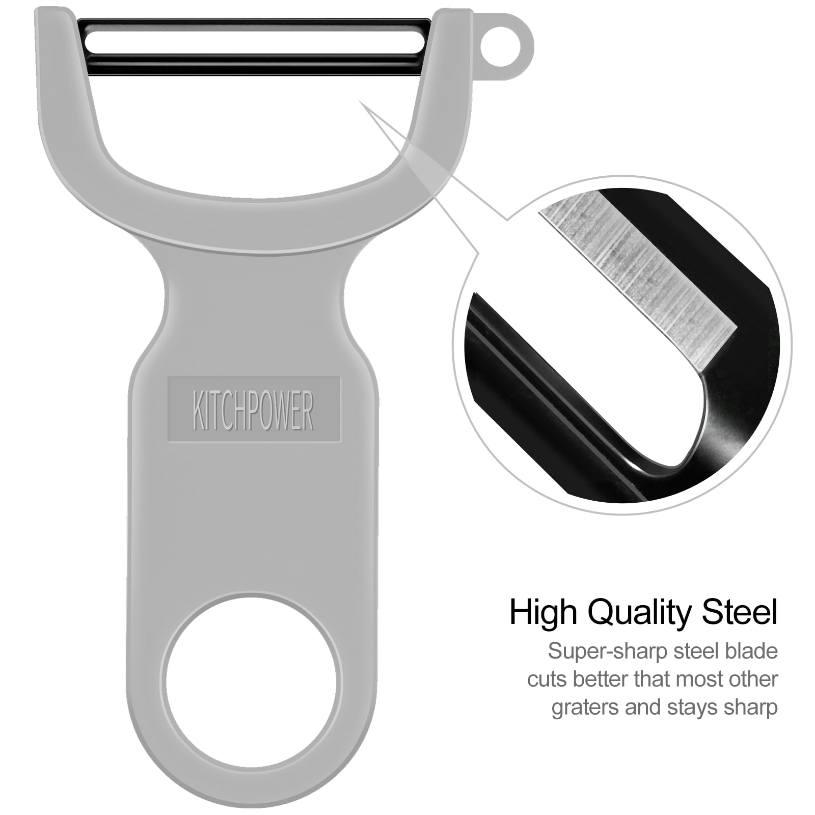 KITCHPOWER Original Vegetable Peeler handle close-up highlights comfortable grip.