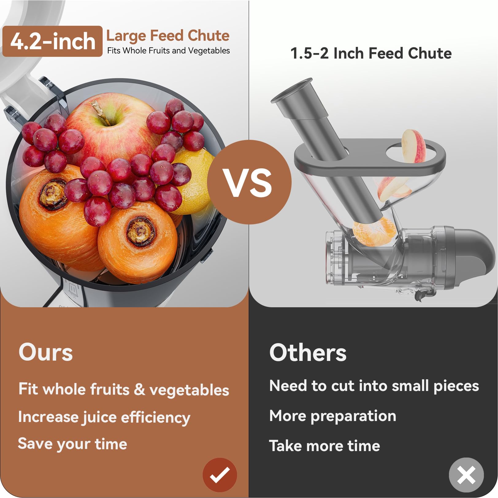 KITCHTREE large 4.2-inch feed chute enables juicing of whole fruits and vegetables.