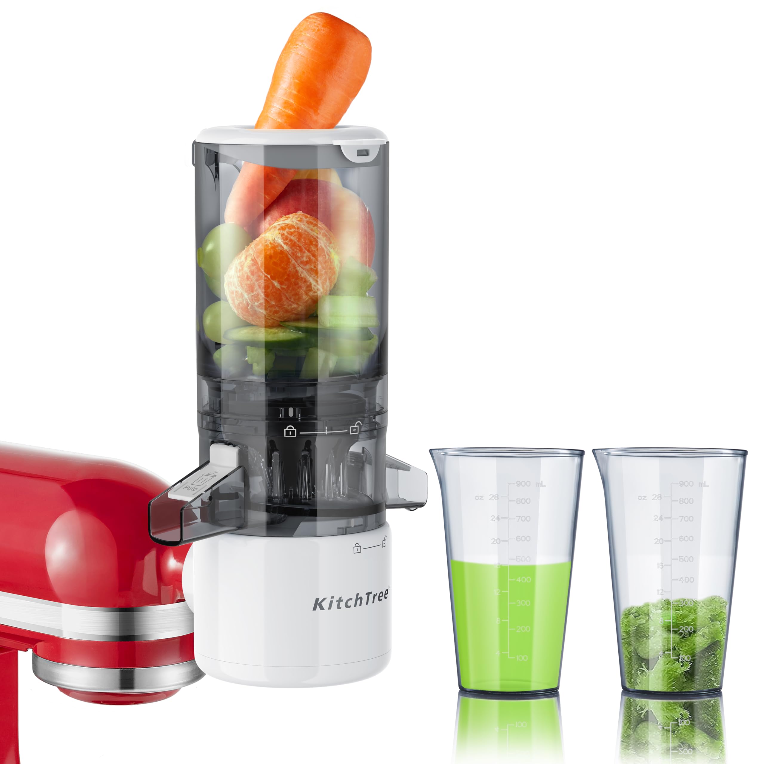 KITCHTREE masticating juicer attachment mounted on a KitchenAid stand mixer for convenient juice.