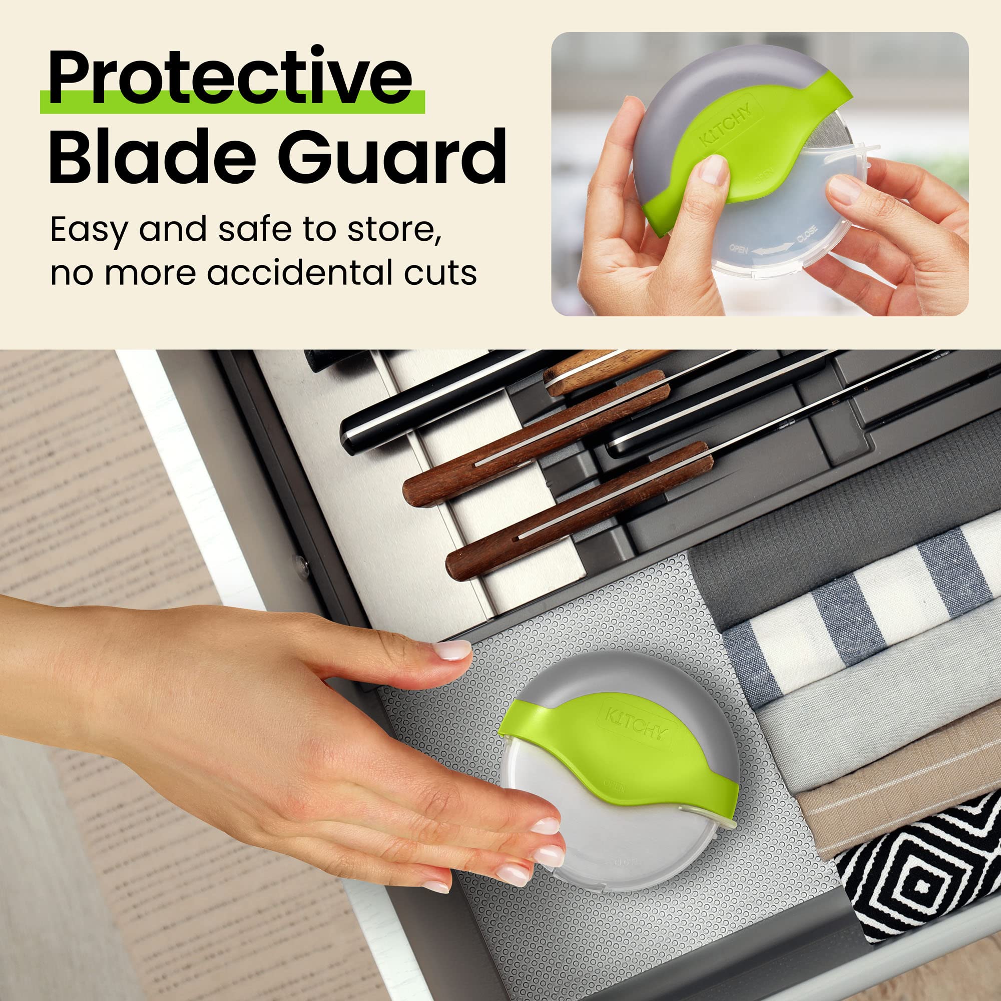 Kitchy pizza cutter blade guard for safe storage