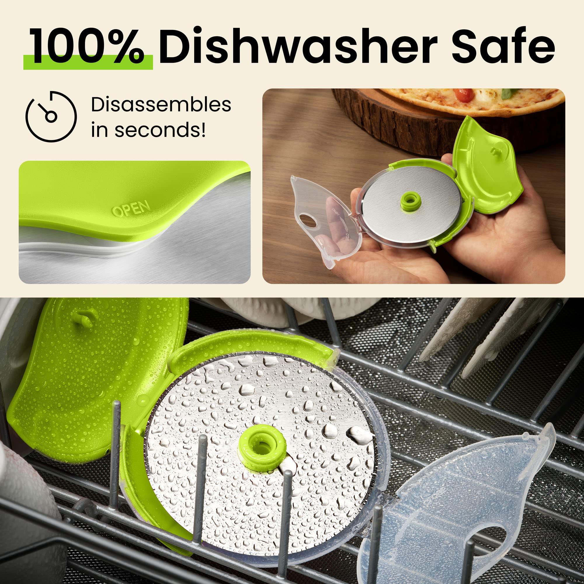 Kitchy pizza cutter disassembled for thorough cleaning