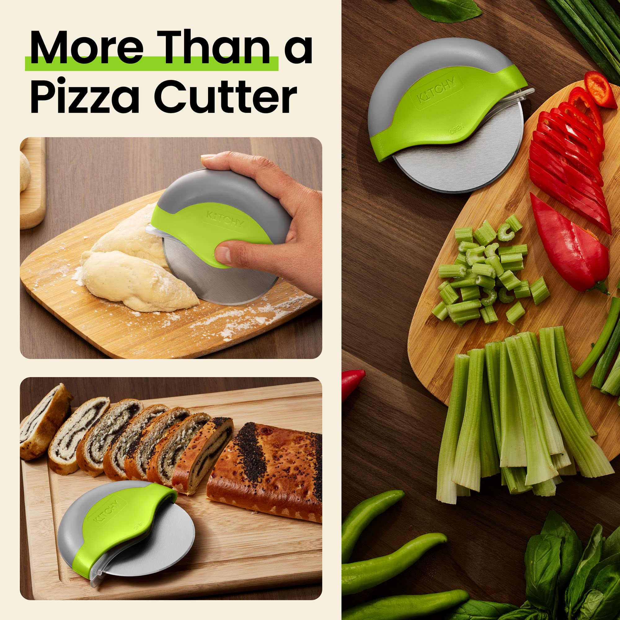 Kitchy pizza cutter fits neatly in a kitchen drawer