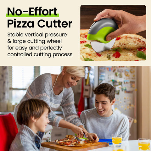 Kitchy ergonomic green-handle pizza cutter in hand