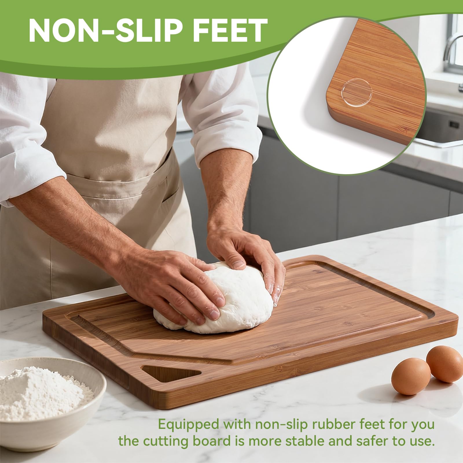 KITCWIZ bamboo cutting board carbonized wood enhances durability.