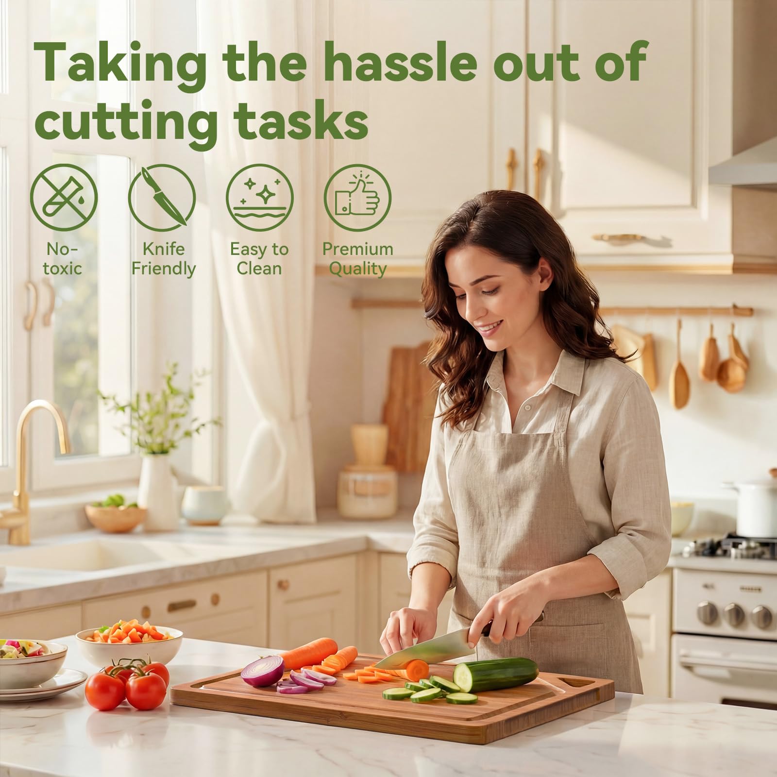 KITCWIZ bamboo cutting board knife-friendly surface protects blades.