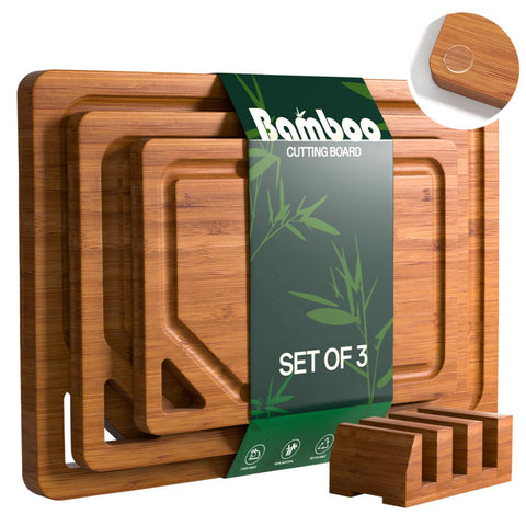 KITCWIZ bamboo cutting board large with deep juice grooves for mess containment.