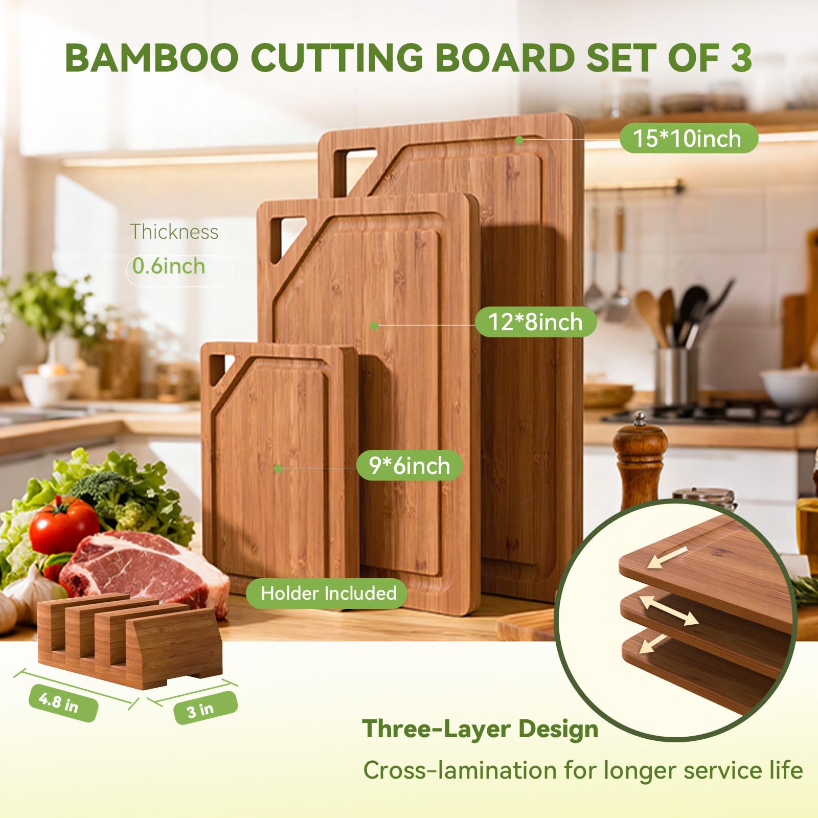 KITCWIZ bamboo cutting board medium wood grain for versatile meal prep.