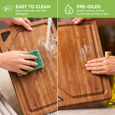 KITCWIZ bamboo cutting board non-slip feet prevent sliding.
