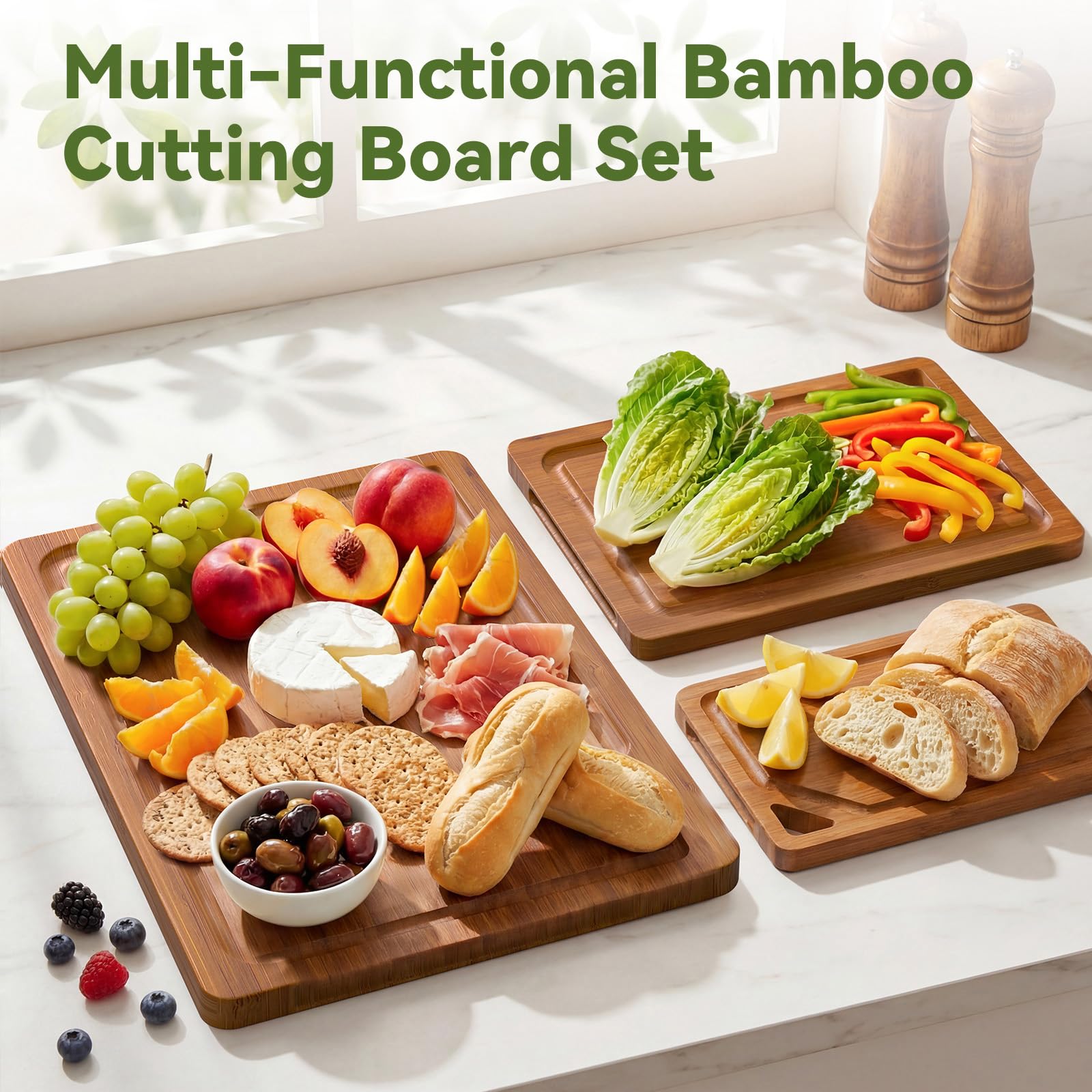 KITCWIZ bamboo cutting board stand-hang-hole enables quick drying.
