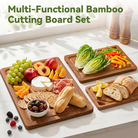 KITCWIZ bamboo cutting board stand-hang-hole enables quick drying.