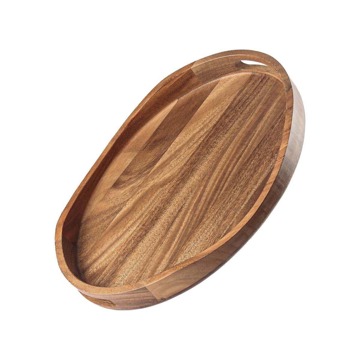 KITEISCAT Acacia tray with handles on round surface for versatile serving.
